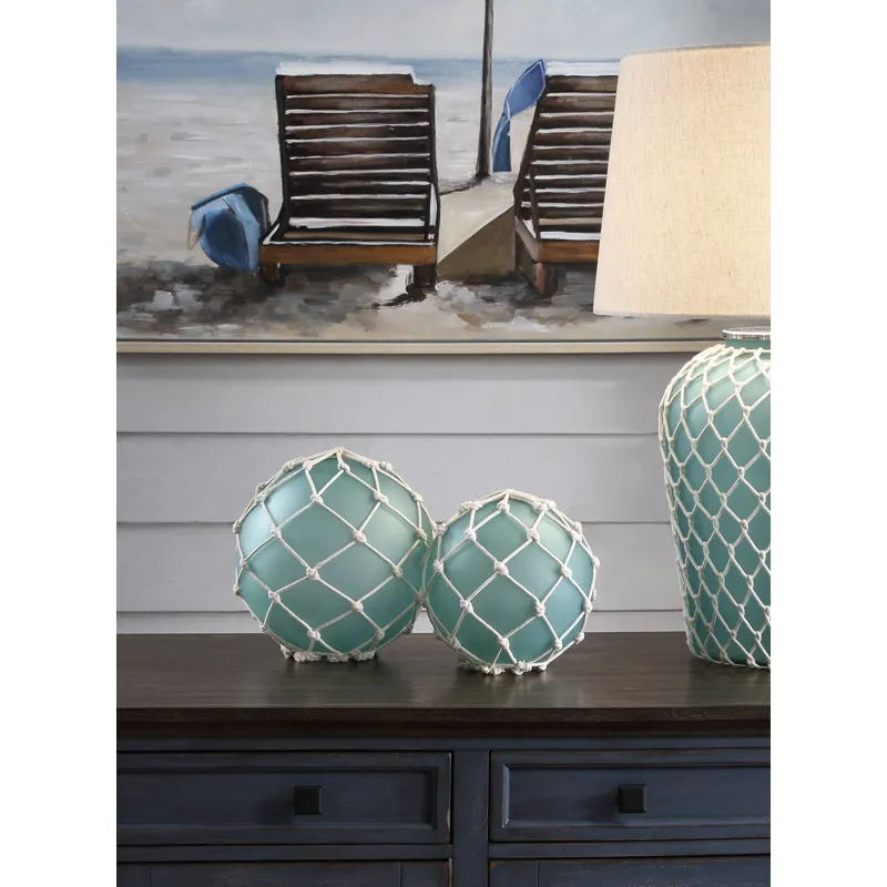Fisher Buoys Decoration Wrapped With Bleached Rope ,Set Of 2