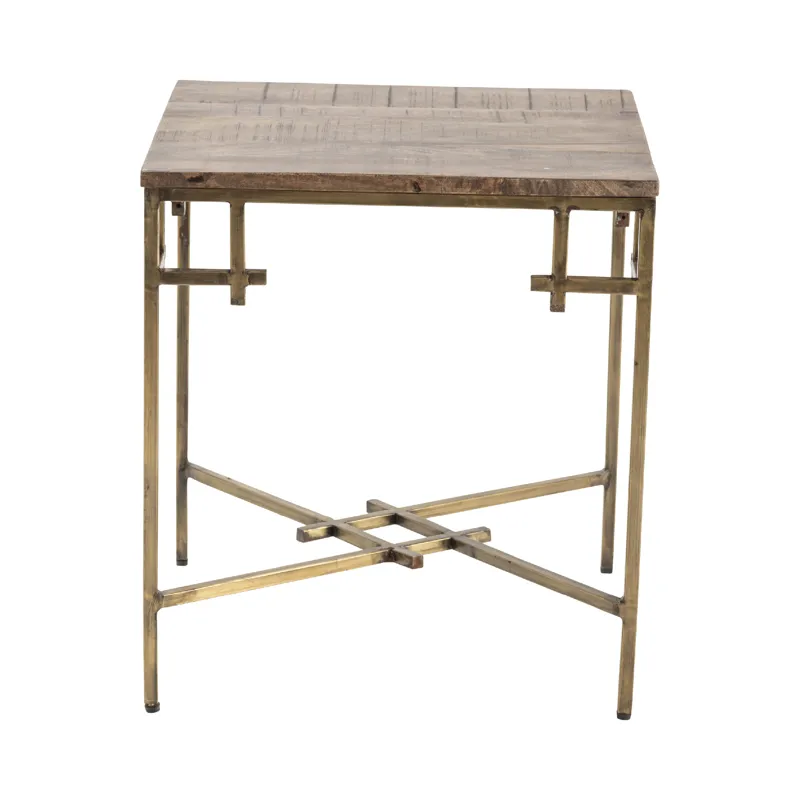 Bengal Manor Mango Wood Square End Table With Iron Square Corner Aged Gold Finish Silo