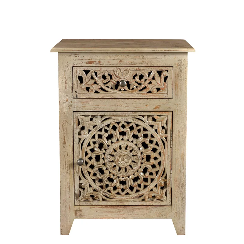 Bengal Manor Mango Wood Pierced 1 Drawer And 1 Door Distressed Grey Accent Cabinet