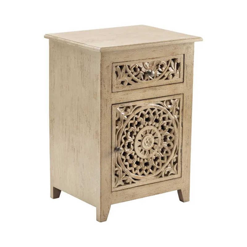 Bengal Manor Mango Wood Pierced 1 Drawer And 1 Door Distressed Grey Accent Cabinet