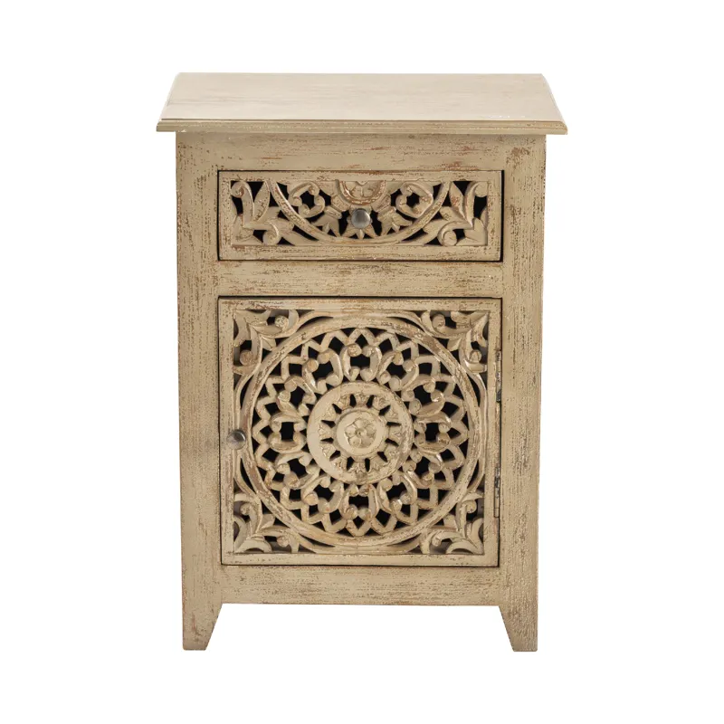 Bengal Manor Mango Wood Pierced 1 Drawer And 1 Door Distressed Grey Accent Cabinet