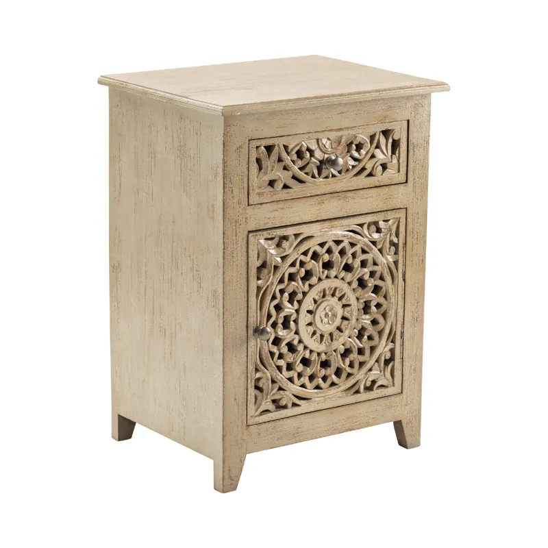 Bengal Manor Mango Wood Pierced 1 Drawer And 1 Door Distressed Grey Accent Cabinet