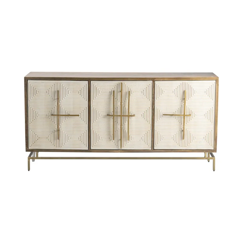 Bengal Manor Mango Wood 3 White Pattern Door Sideboard With Unique Antique Gold Hardware Silo