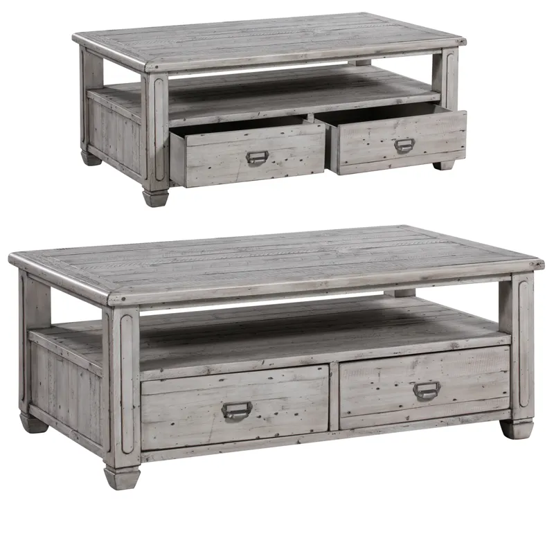 Pembroke Plantation Recycled Pine White Wash 2 Push Through Drawer Rectangle Cocktail Table