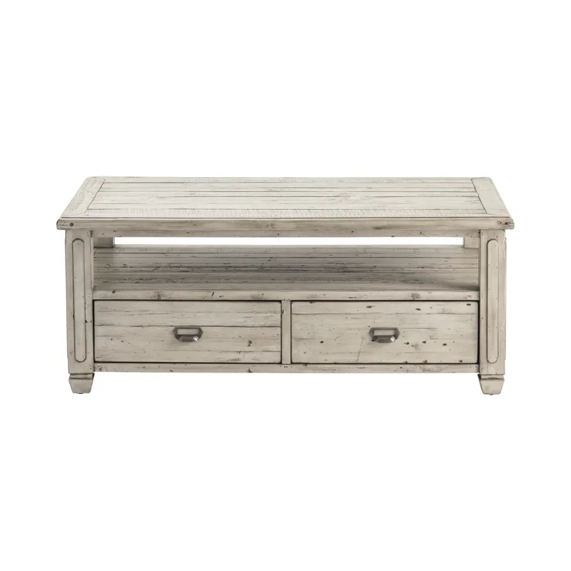 Pembroke Plantation Recycled Pine White Wash 2 Push Through Drawer Rectangle Cocktail Table Silo