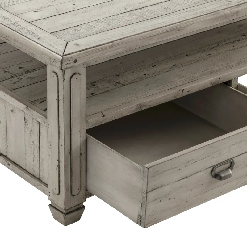 Pembroke Plantation Recycled Pine White Wash 2 Push Through Drawer Rectangle Cocktail Table Silo