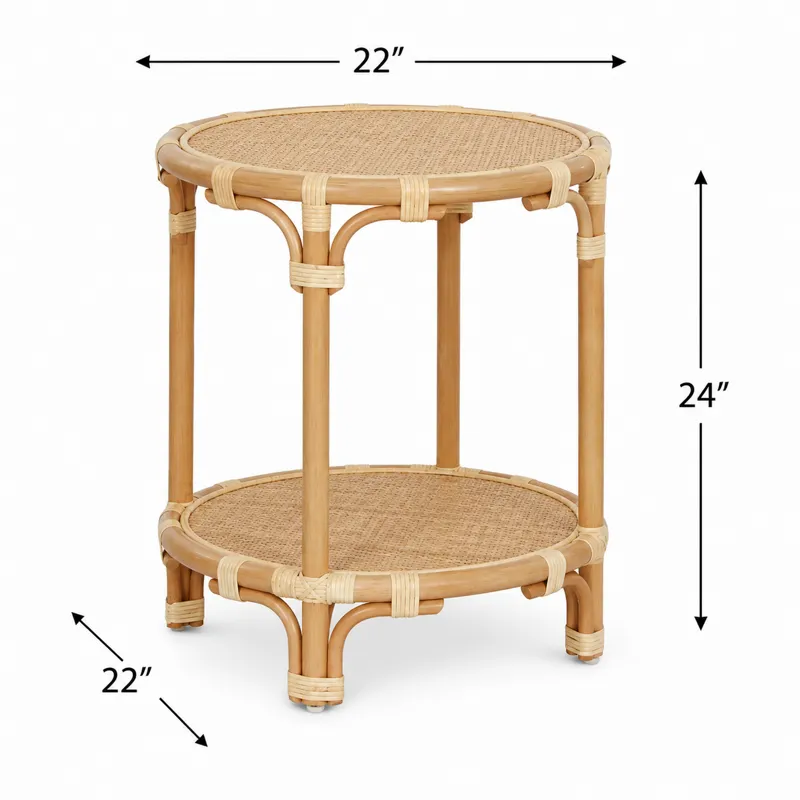 Round Tan Raffia Accent End Table