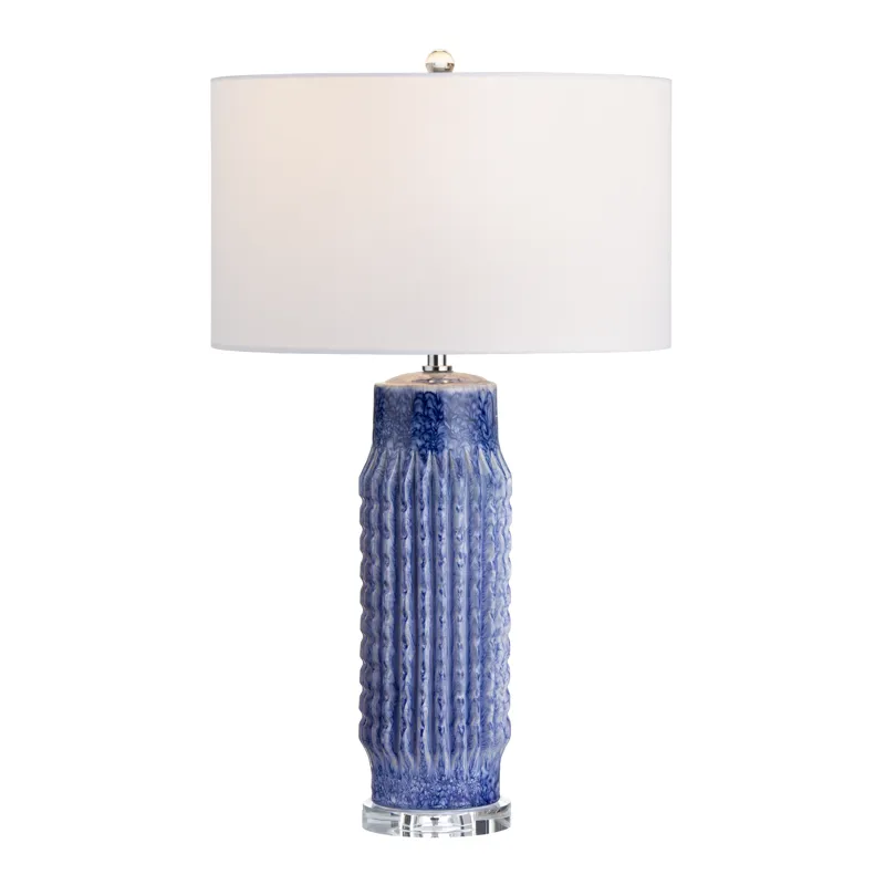 Set Of 2 Blue Ribbed Ceramic Lamps With Crytsal Bases