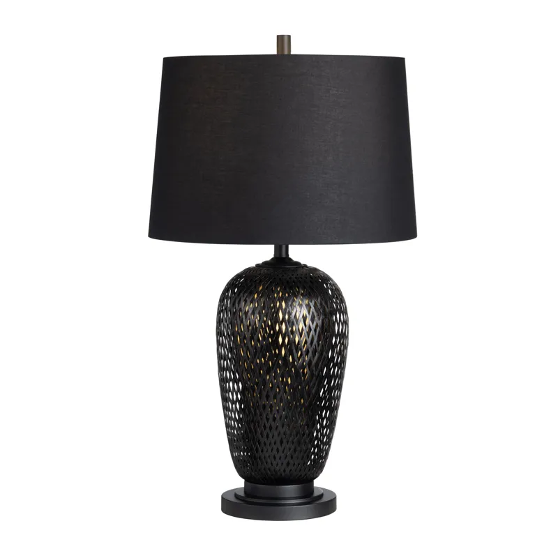 Set Of 2 Black Rattan/bamboo Table Lamp With Linen Shade