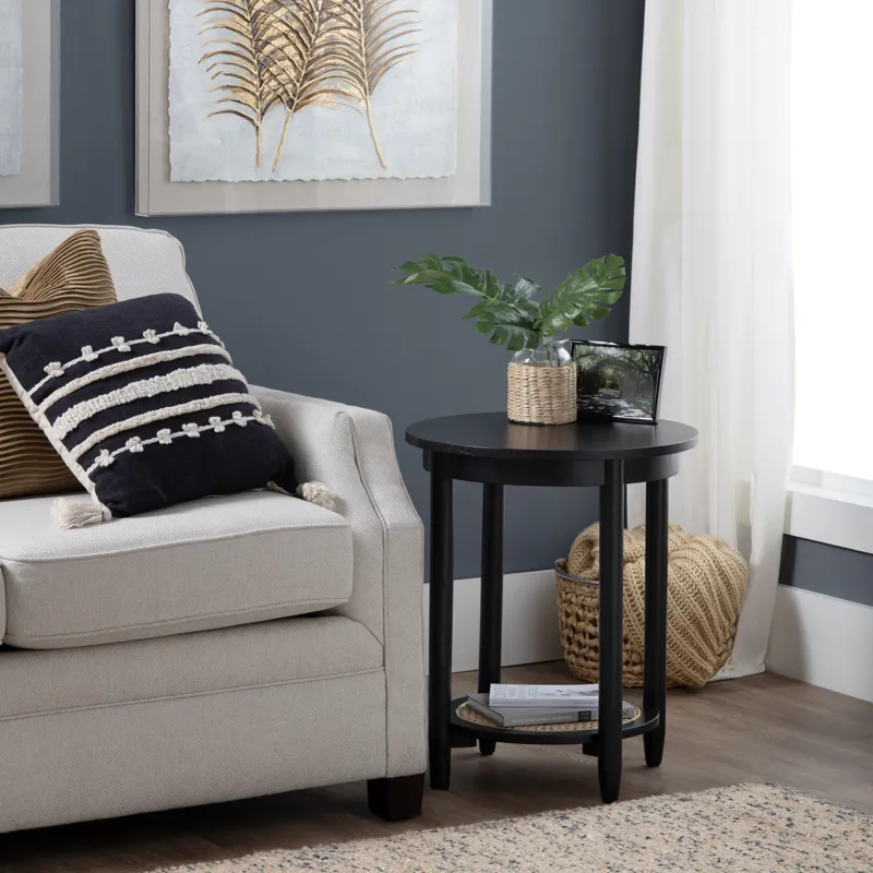 Round Mindi Wood And Rattan Black Accent Table