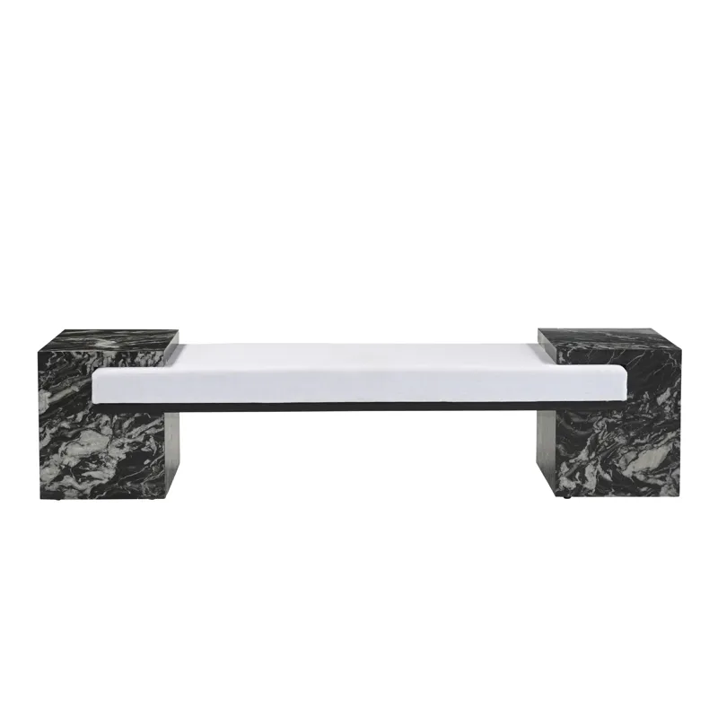 72 In. Black Marble And White Upholstered Accent Bench