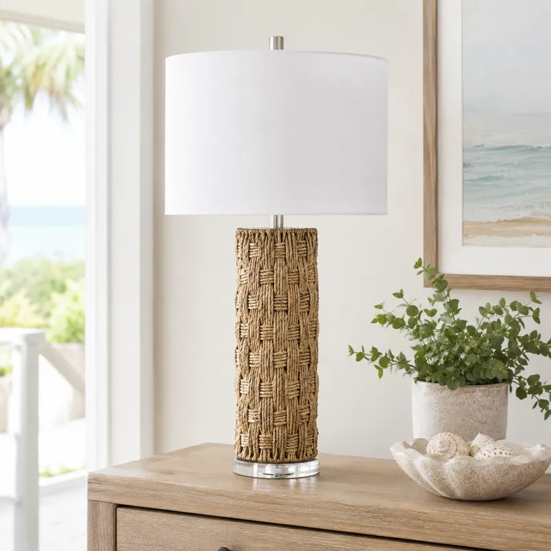 Nassau Table Lamp, Brown Woven Body, White Linen Shade