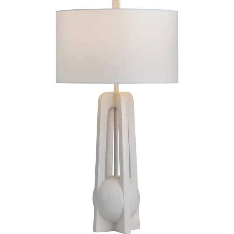 White Textured Table Lamp With Modern Geometric Base And Linen Drum Shade