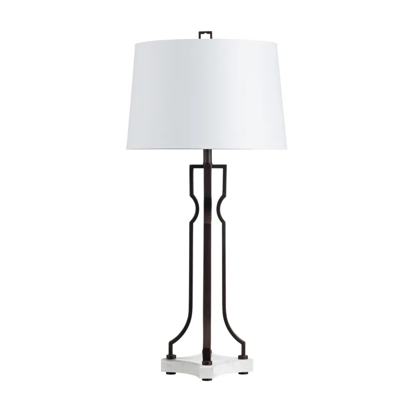 Aged Bronze Metal And Marble Table Lamp With Linen Shade