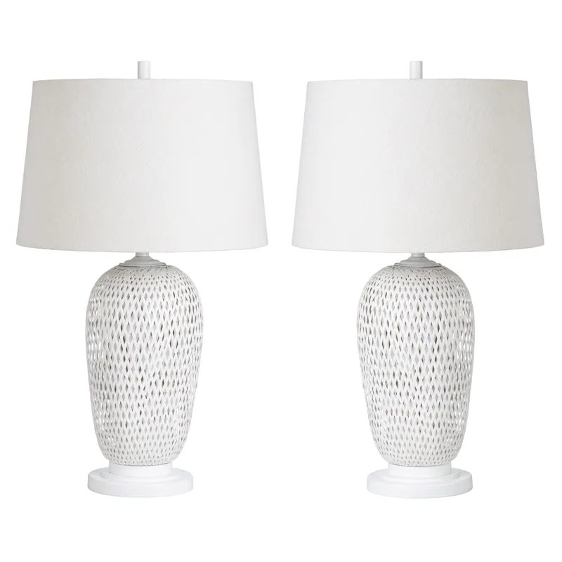 Set Of 2 White Rattan/bamboo Table Lamp With Linen Shade