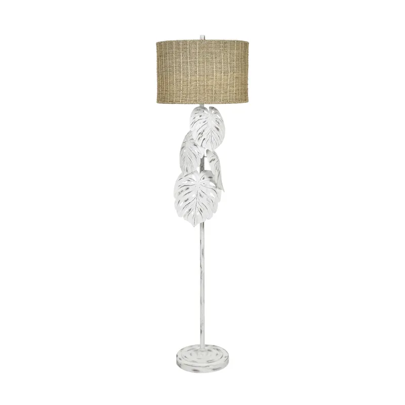 Tropical Leaf White Distressed Metal Floor Lamp With Tan Grass Rope Shade