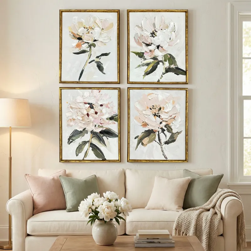 Peony Quartet 4-piece Floral Hand-painted Framed Canvas Art Set
