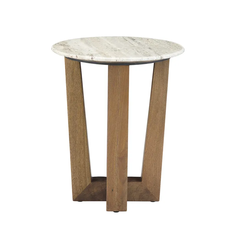 White & Gray Travertine Topped Round Accent/end Table With Brown Wooden Legs