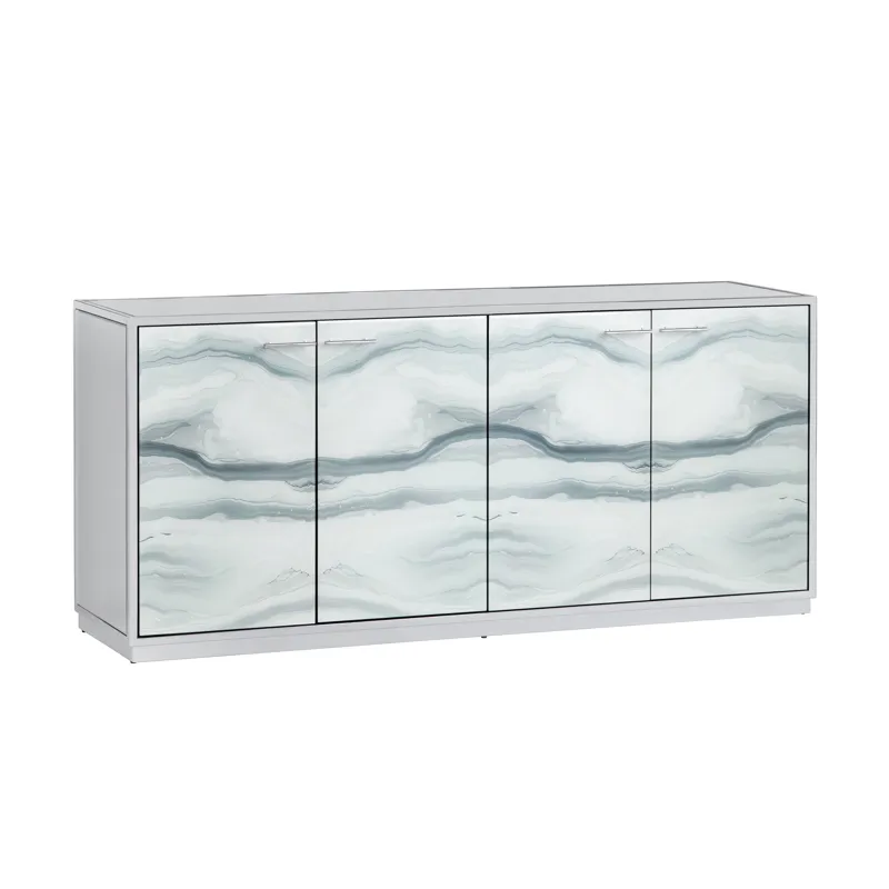 White And Gray Marble Inspired Reverse Painted Glass 4-door Media Credenza/sideboard