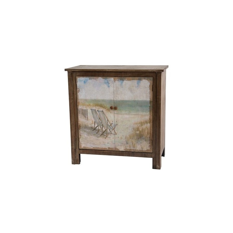Gulf Breeze Rustic Wood Painted Canvas Beach Scene 2 Door Cabinet