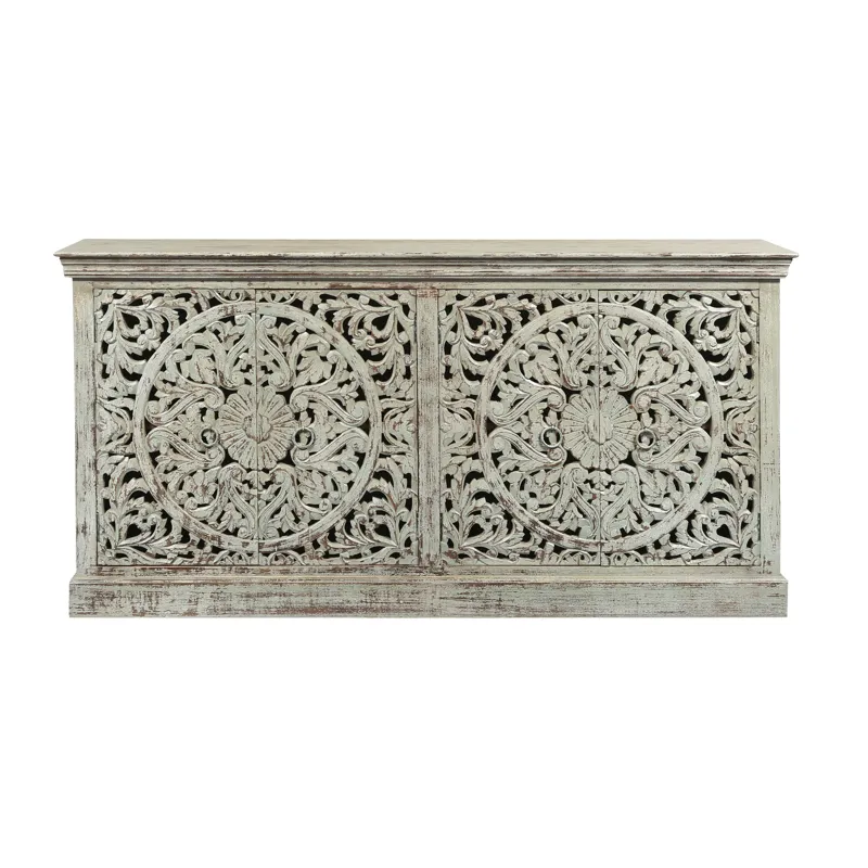 Distressed Cream 4 Door Solid Wood Media Credenza/sideboard
