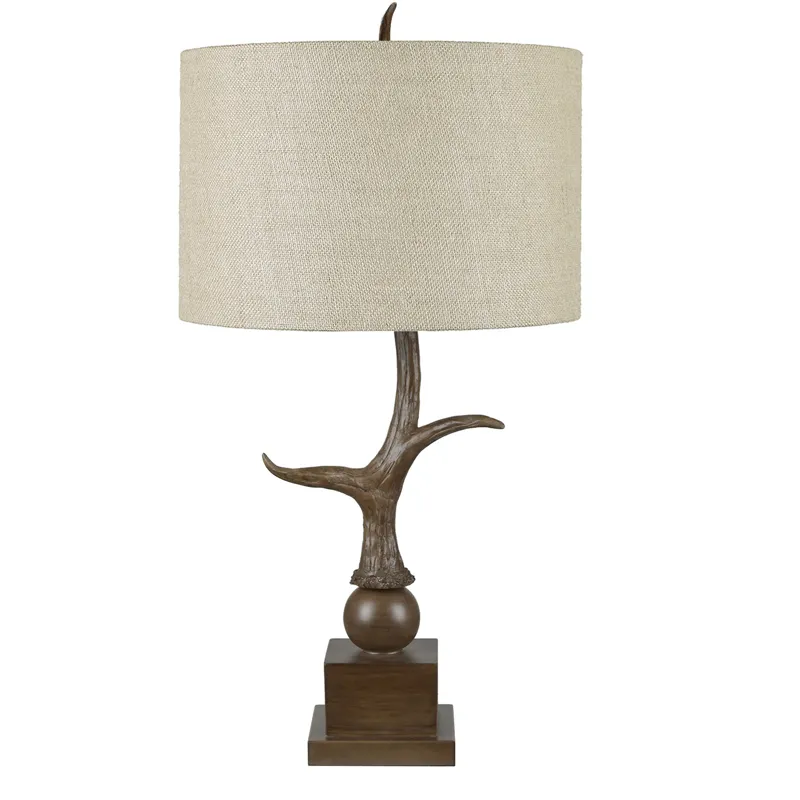 Brown Distressed Resin Table Lamp With Beige Burlap Shade