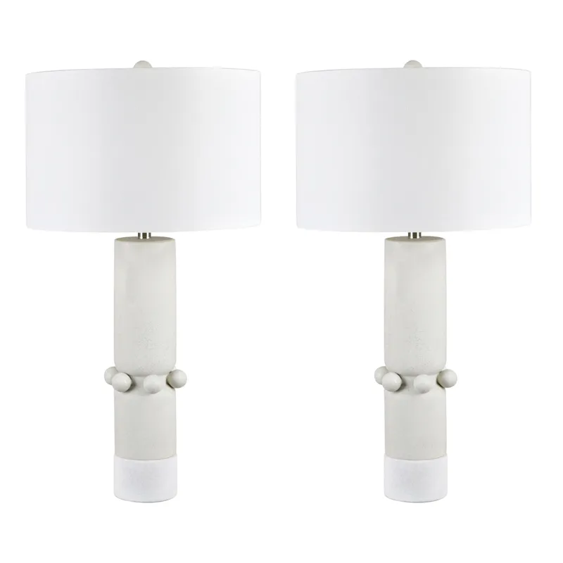 Modern Ceramic Table Lamp In Cream With White Linen Drum Shade