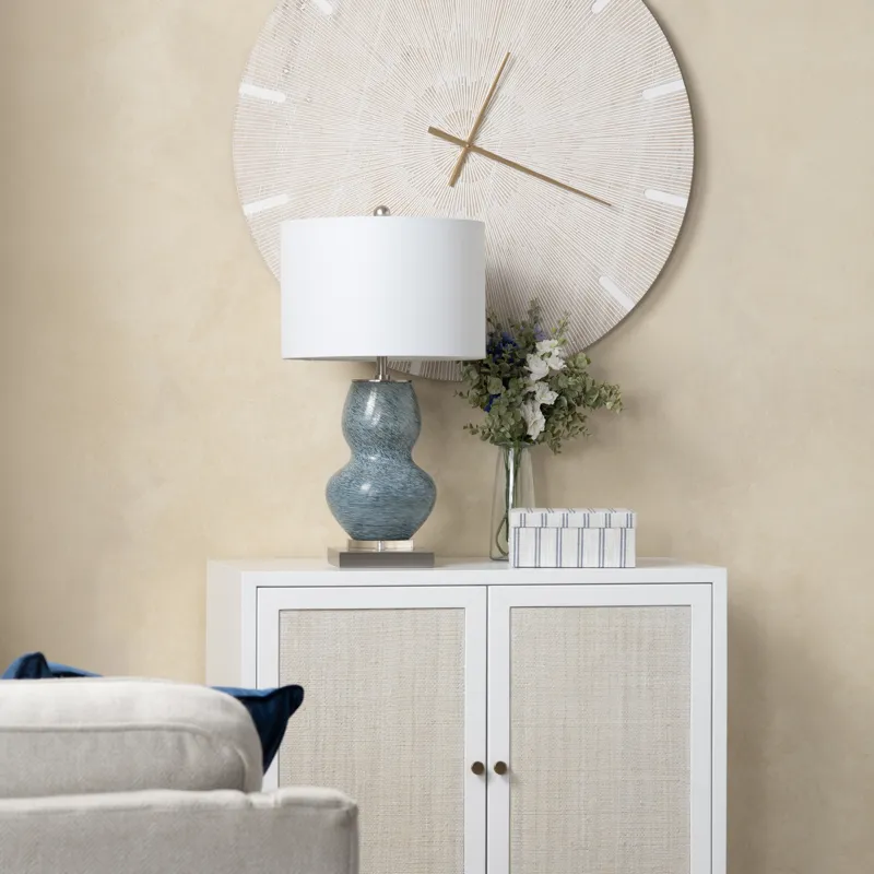 Double-gourd Blue Ceramic Table Lamp With Crystal Base And Drum Shade.
