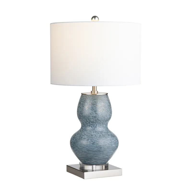 Double-gourd Blue Ceramic Table Lamp With Crystal Base And Drum Shade.