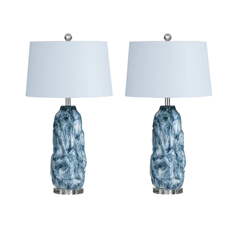 Blue And Whte Ceramic Table Lamp With White Linen Shade