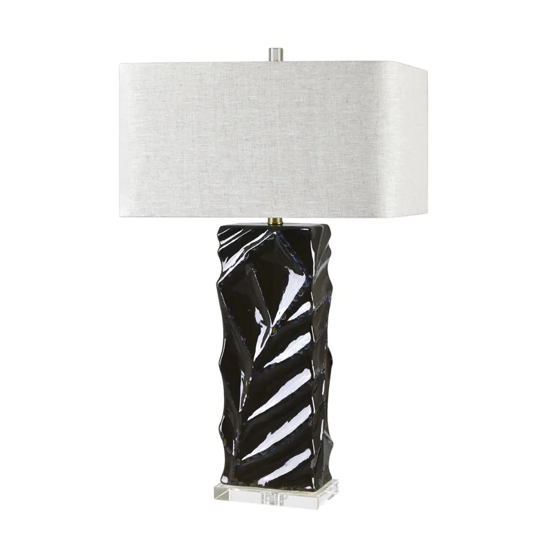 Ceramic Table Lamp With Crystal Base And Rectangular Linen Beige Shade