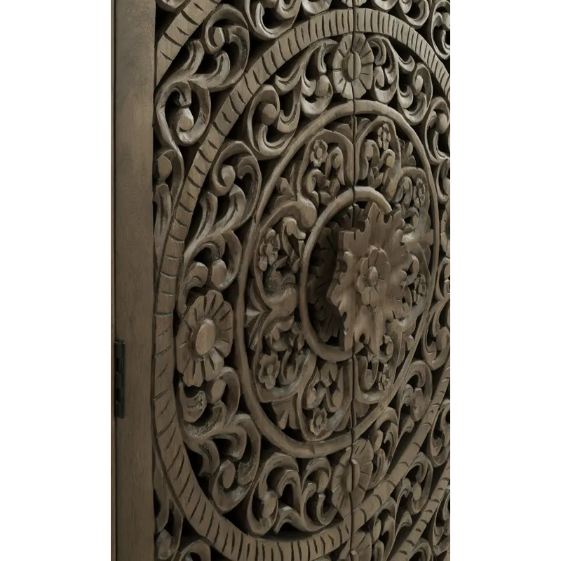 2-door Brown Wood Grain Hand Carved Tall Accent Cabinet