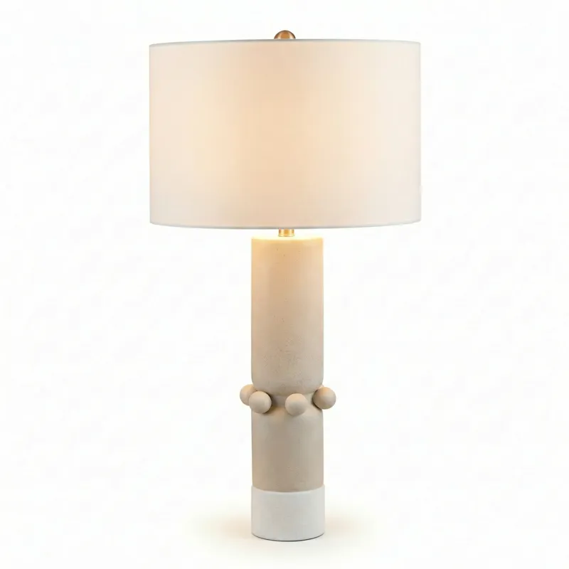 Modern Ceramic Table Lamp In Cream With White Linen Drum Shade