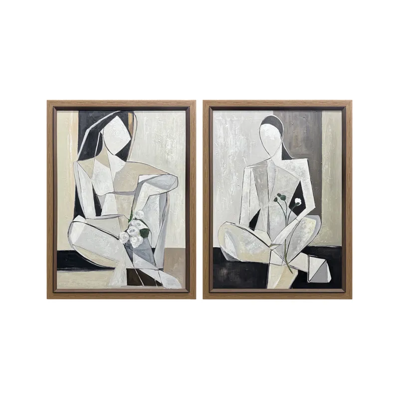 Petals & Portraits 2-piece Modern Abstract Framed Canvas Wall Art Set