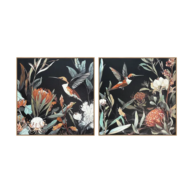 Bloom & Flutter Birds On Black Botanical Framed Wall Art Set