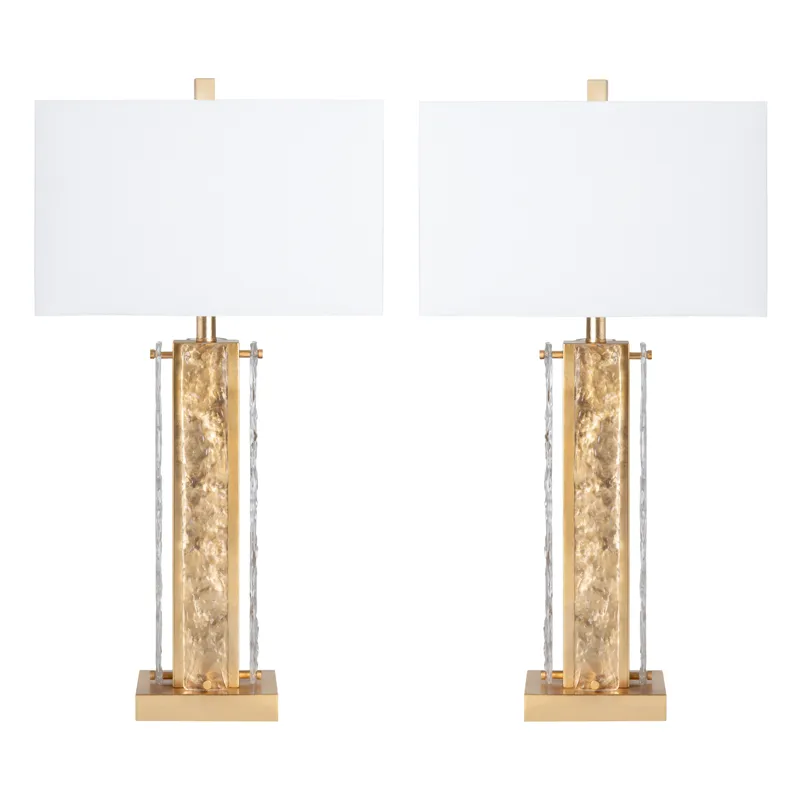 Set Of 2 Metal & Glass Table Lamp With Linen Shade