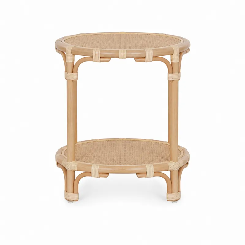 Round Tan Raffia Accent End Table