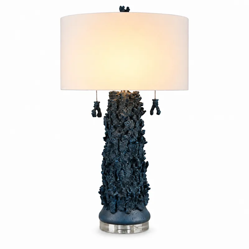 Blue Coraline Table Lamp With Textured Base And White Linen Drum Shade
