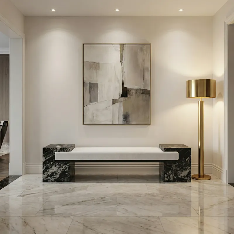 72 In. Black Marble And White Upholstered Accent Bench