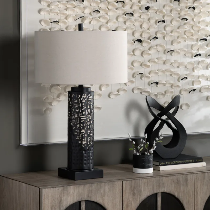 Black Metal Table Lamp With Oat Linen Drum Shade & Nightlight