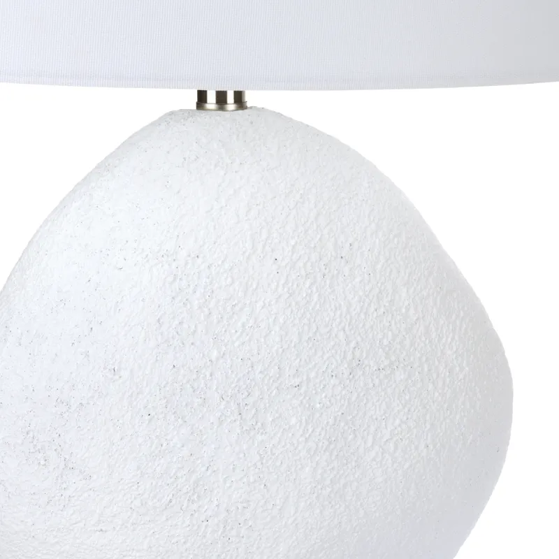 White Textured Table Lamp With Clear Crystal Base And White Linen Oval Shade