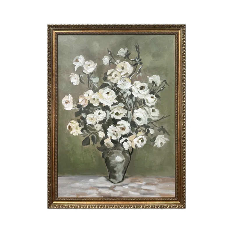 White Blooms Traditional Green Framed Canvas Wall Art