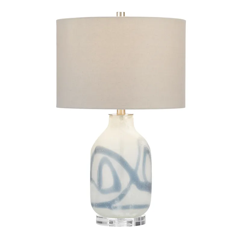 Glass Table Lamp With Crsytal Base And Gray Linen Shade