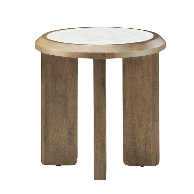 Brown Wood With Marble Top Round Accent End Table