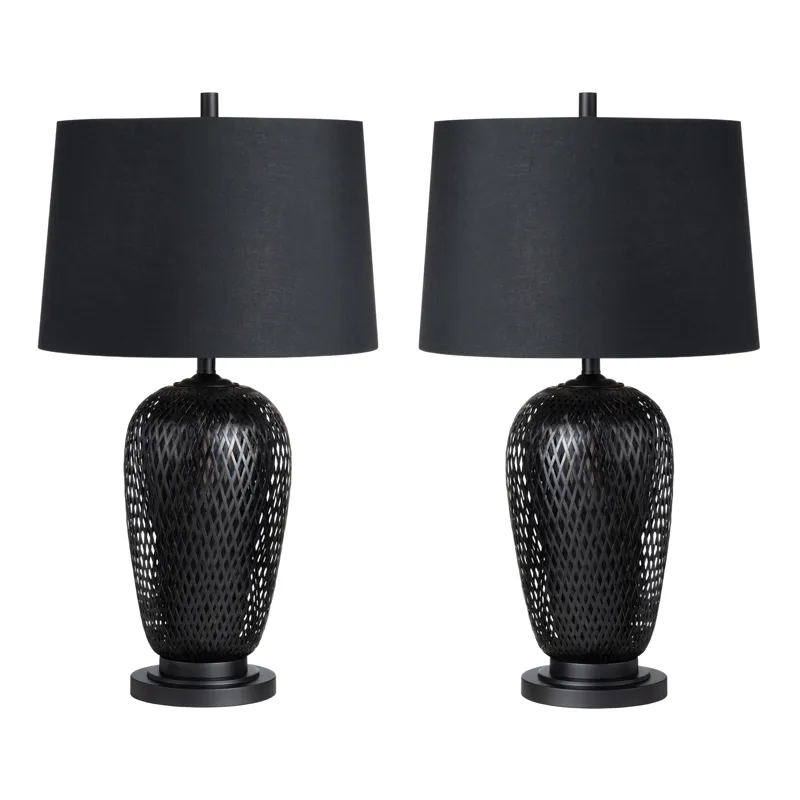 Set Of 2 Black Rattan/bamboo Table Lamp With Linen Shade