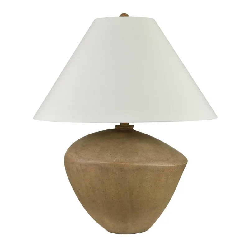Oakheart Table Lamp, Ceramic Base In Brown With White Linen Tapered Drum Shade