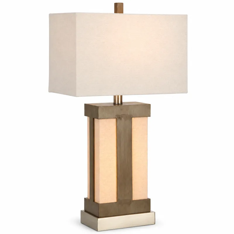Brushed Gray Metal Table Lamp With Oat Linen Rectangular Shade