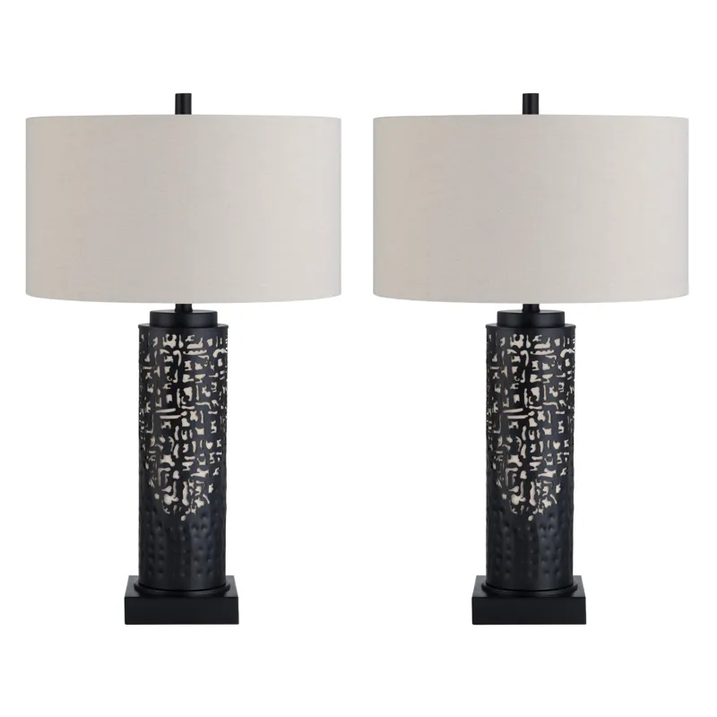 Black Metal Table Lamp With Oat Linen Drum Shade & Nightlight