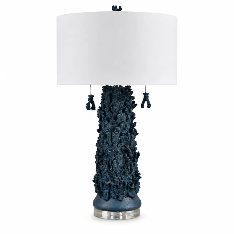Blue Coraline Table Lamp With Textured Base And White Linen Drum Shade