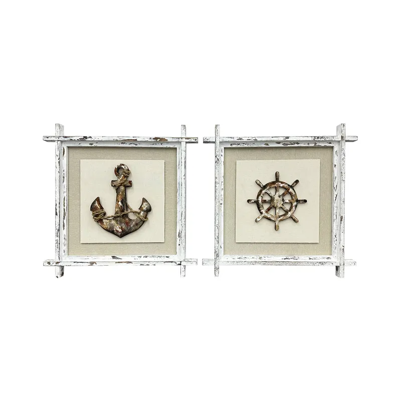 Maritime Duo 2-piece Nautical Anchor & Helm Framed Wall Art Set